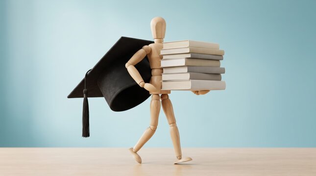 Wooden figure holding books and graduation cap
