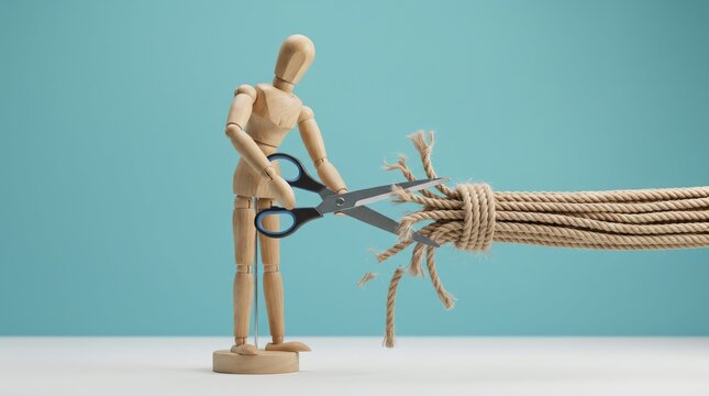 Wooden man cutting thick rope with giant scissors