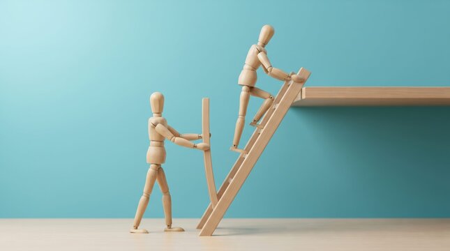 Wooden figure climbing ladder while helping another stand