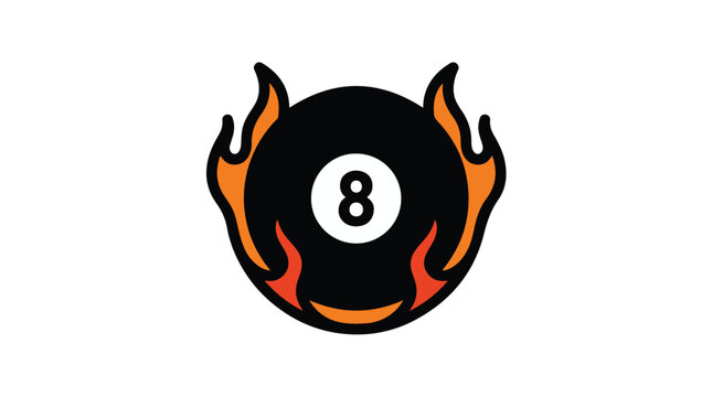 Flaming eight ball vector graphic illustration featuring bright orange fire and bold black outlines