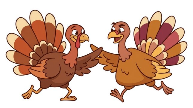 Two cartoon turkeys running with spread tails isolated on white background