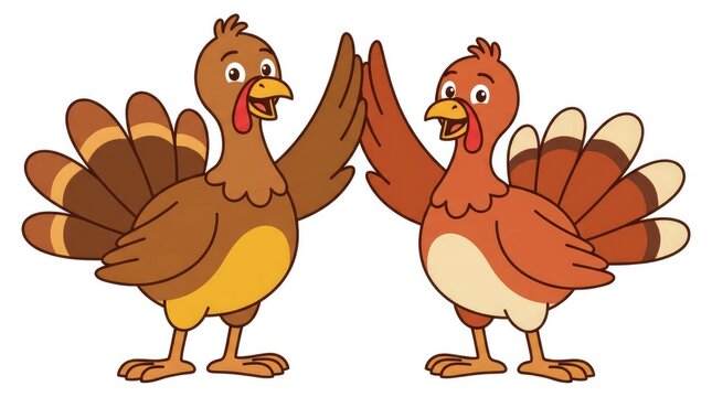 Two cartoon turkeys giving each other a high five on white background