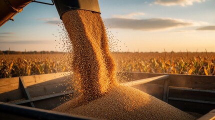 Naklejka na ściany i meble Golden corn grains pour from harvester tube into wooden trailer bin at sunset. Large amount of organic yellow crop falls during autumn harvest. Rural farm field background shows agriculture industry