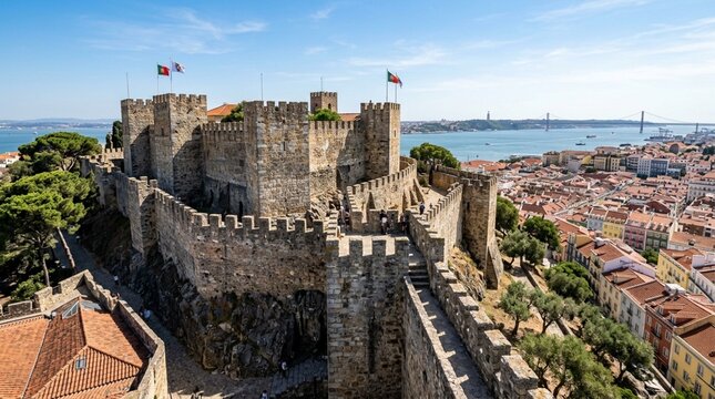 Historic Castle Fortification Overlooking Lisbon Cityscape and River