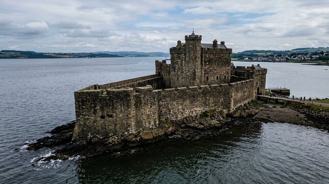 Historic Castle on Rocky Island in Sea, Aerial View