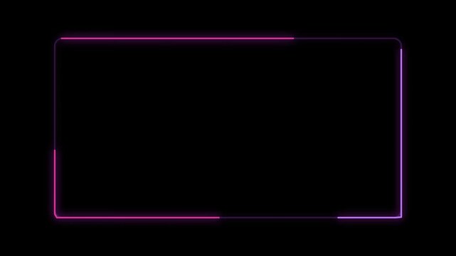 Animated neon frame with glowing pink and purple lines rotating on black background video loop.