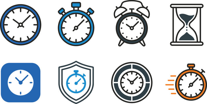 Clock and time management illustration collection featuring watches, alarms, timers, stopwatches, hourglass and punctuality symbols