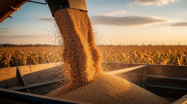 Golden corn grains pour from harvester tube into wooden trailer bin at sunset. Large amount of organic yellow crop falls during autumn harvest. Rural farm field background shows agriculture industry