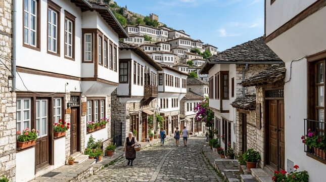 Historic Ottoman architecture on cobblestone street in Berat, Albania