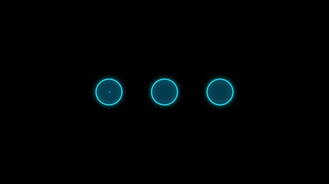 Animated progress bar with three loading steps cycle glowing blue neon circles on black background.