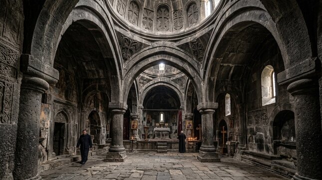Ancient Armenian Monastery Interior with Arches and Dome