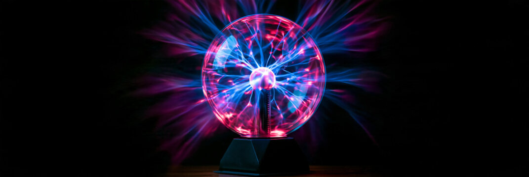 Plasmakugel mit pinken und blauen elektrischen Lichtblitzen