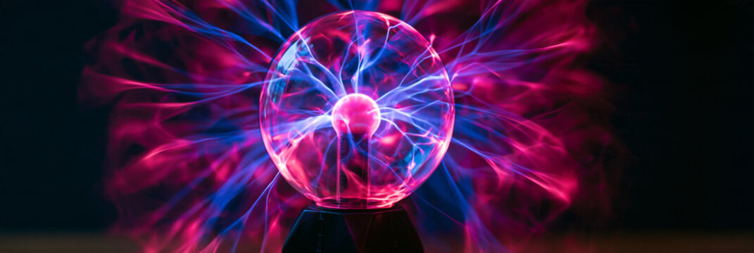 Plasmakugel mit pinken und blauen elektrischen Lichtblitzen