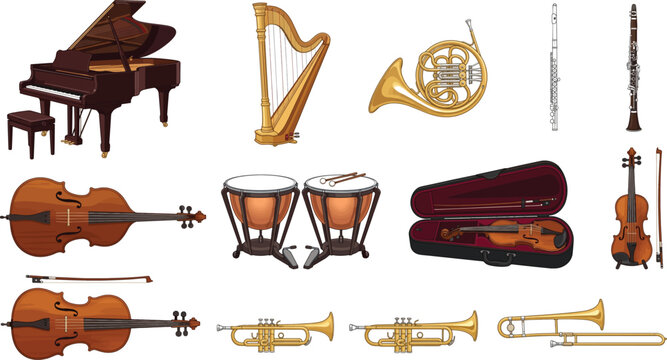 Classical orchestra musical instruments vector set featuring grand piano harp french horn flute timpani cello and violin isolated on white background