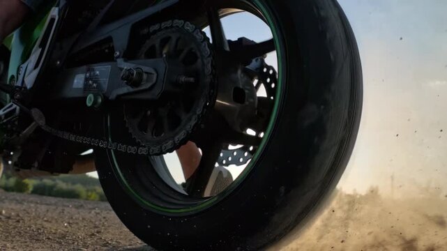 Extreme close-up of a sport motorcycle tire spinning and skidding across sandy desert terrain at 1000 fps, kicking up dust in a powerful cinematic slow-motion action shot.