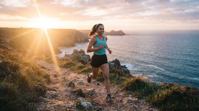 A fit woman enjoys a scenic trail run along the rugged coastline during a vibrant golden hour sunset