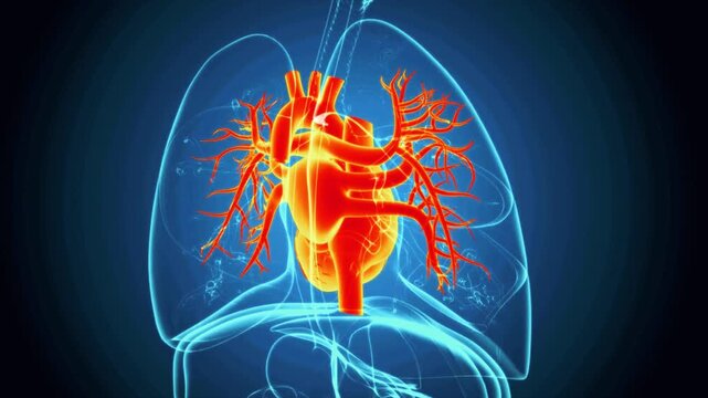 Human respiratory system animation highlighting heart and lung vascular structure in medical blue gradient background