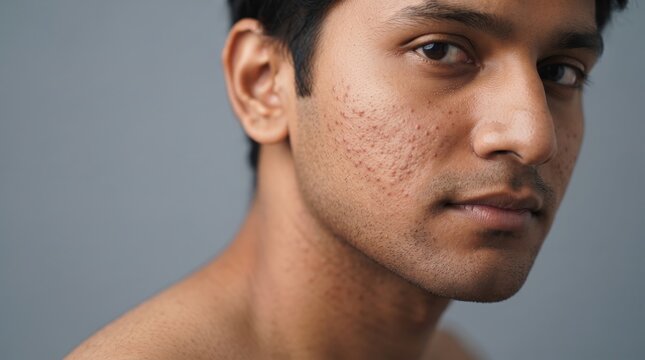 Close up profile of a young man with congested skin showing closed comedones and mild acne on his cheek