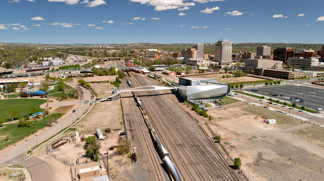 Colorado Springs railroad tracks Olympic Museum downtown skyline aerial view