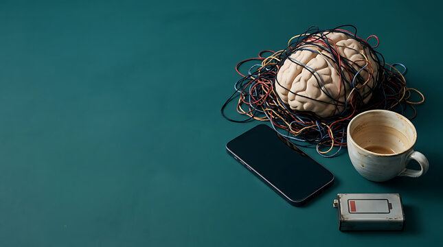 Human brain model tangled in wires with smartphone and empty cup