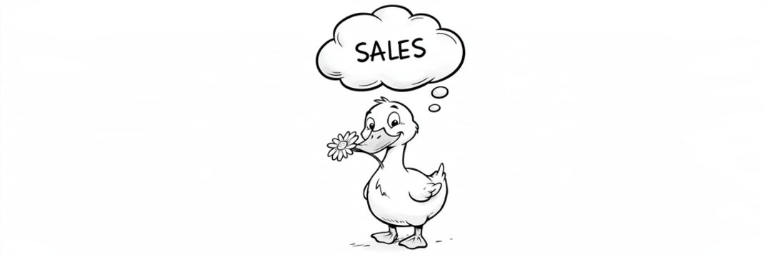Handgezeichnete Comic-Ente h&auml;lt Blume im Schnabel mit Gedankenblase 'Sales'