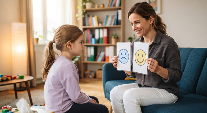 Therapist showing happy and sad emotion cards to a young girl in a cozy office
