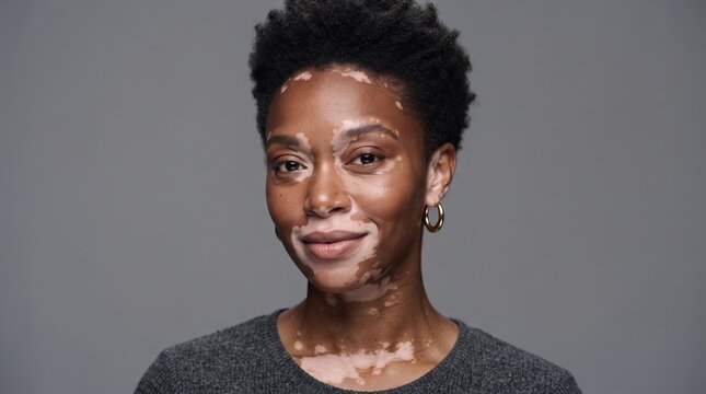 Confident and beautiful portrait of a young African American woman with vitiligo skin depigmentation