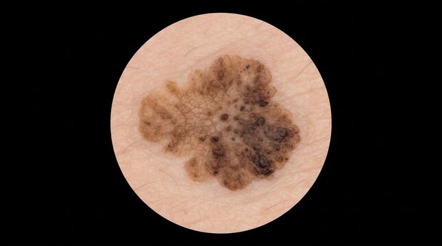 Dermoscopy microscopic view of an atypical dysplastic nevus or malignant melanoma on human skin