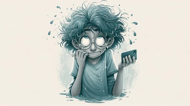 Digital burnout and social media anxiety stressed person looking at smartphone screen with overwhelmed expression cartoon illustration style