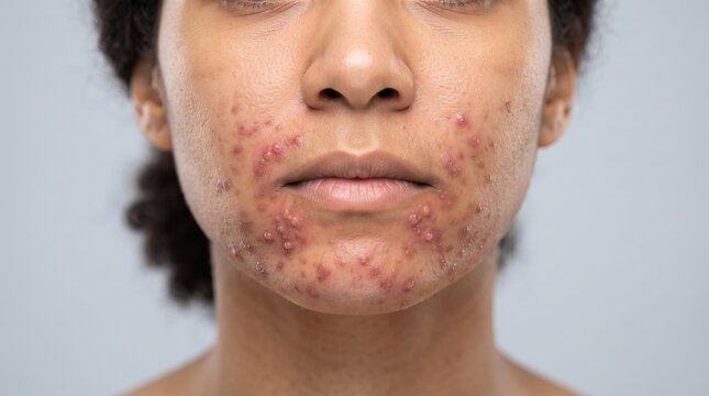 Close up of a Black woman's face with a severe outbreak of cystic acne, pimples, and inflammation around the chin.
