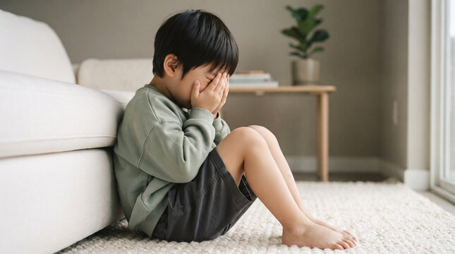 Sad young boy sitting on floor covering face next to white sofa