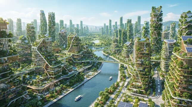 sustainable green architecture urban landscape future metropolis environment renewable energy solar panels wind turbines nature integration vertical forest plants trees river