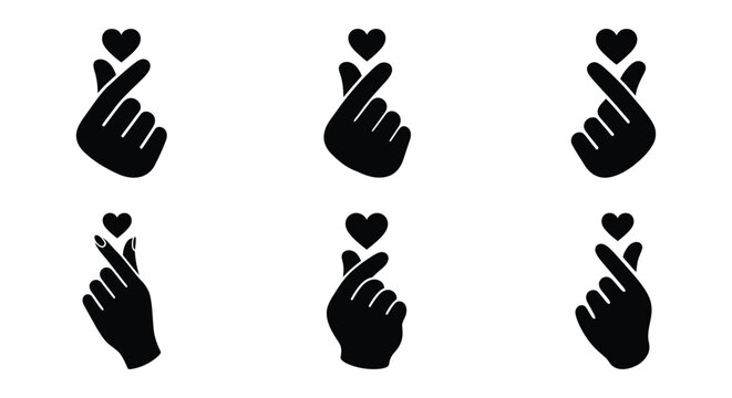 Six black silhouettes of hands forming a heart shape against a white background affection amity