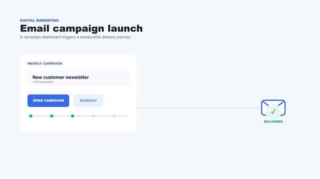Seamless loop of a digital marketing dashboard showing an email campaign launch with a flying envelope.