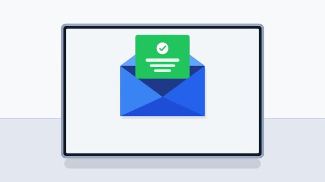 A premium 4K 2D cartoon motion graphics loop showing an envelope opening on a laptop screen to reveal a sliding green conversion card.