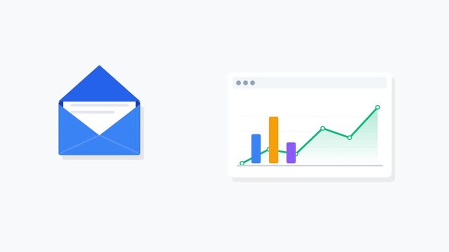 Premium 2D cartoon animation of an envelope opening and transferring data particles into a dynamic analytics dashboard with growing charts.