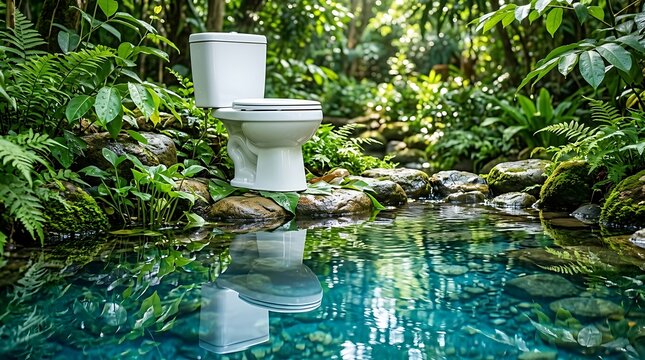 Surreal scene featuring a modern white ceramic toilet placed in a tropical jungle forest beside a crystal clear blue stream with a detailed reflection on the water surface