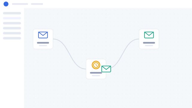 Flat 2D vector animation of an email automation workflow with skeleton UI, featuring curved node connections and timed delay logic.