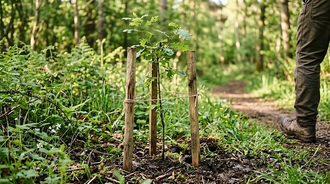 Young tree sapling supported by stakes in dense woodland forest for sustainable reforestation project