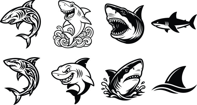 Angry Shark Mascot Graphic Icon Set Featuring Great White Predators Tribal Style Tattoos Sea Waves Open Jaws with Sharp Teeth and Fin Logos