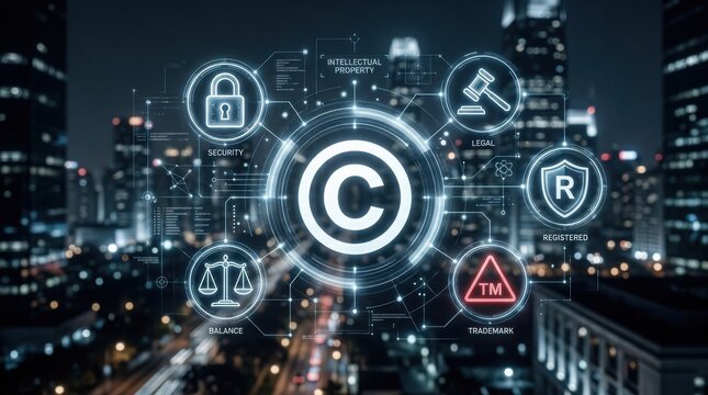 Digital copyright symbol with intellectual property law and security icons in a futuristic city interface
