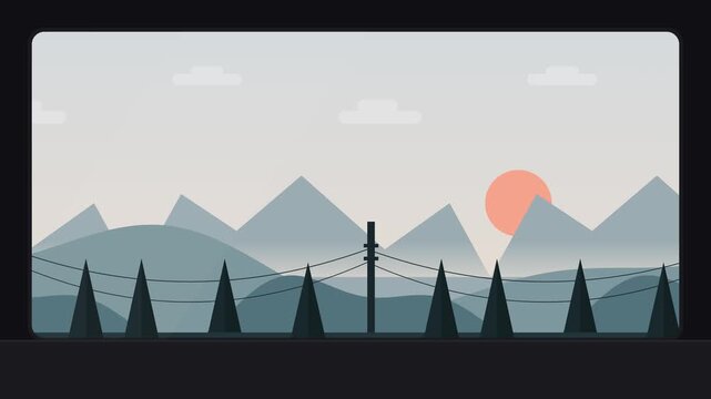 Seamless 4K flat 2D cartoon animation of a cinematic travel scene viewed from inside a modern train carriage, featuring moving landscapes and dynamic lighting.