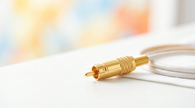 RCA connector gold plated on a white surface with blurred background  