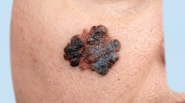 Close up of a large irregular melanoma skin cancer lesion on human skin