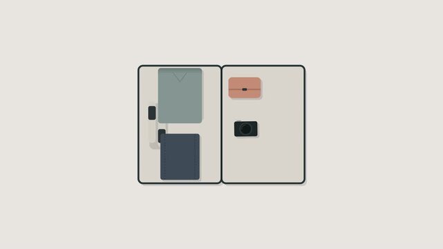 Premium 4K 2D flat cartoon animation of unbranded travel objects being systematically arranged into a suitcase. Starts closed, opens empty, packs, and closes tightly.