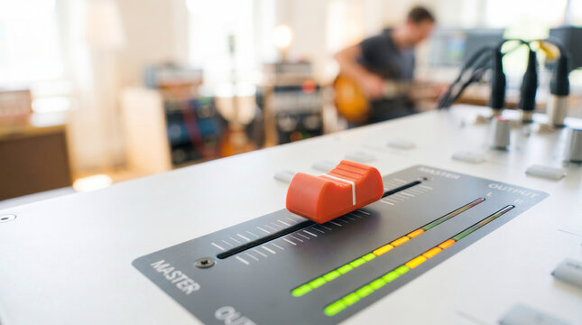 Mixing desk master volume fader top with blurred musician in background  