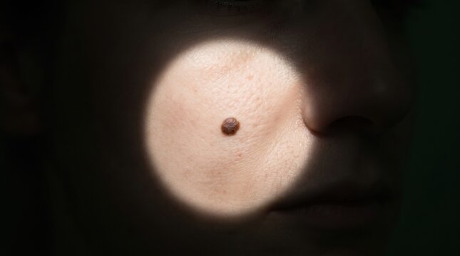 Close up of a prominent brown mole on the cheek of a human face under spotlight