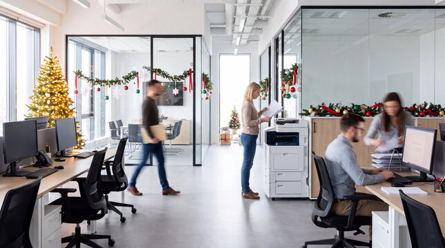 A modern office is ready for Christmas with a decorated tree and garlands while employees continue their work; the active workplace combines daily business routines with a busy pre-holiday atmosphere.