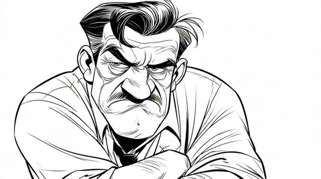 Grumpy man with arms crossed frustration and anger concept hand-drawn cartoon style illustration of a dissatisfied person on a white background