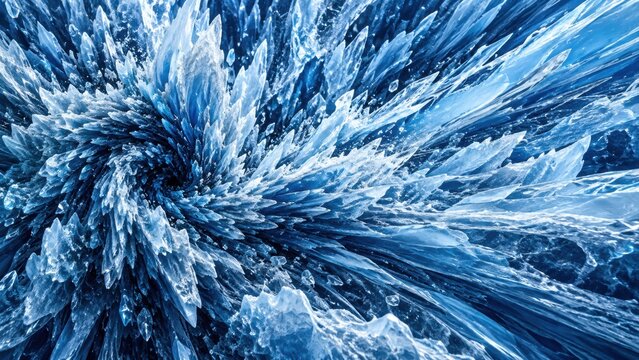 Abstract background featuring sharp blue ice crystals arranged in a swirling vortex pattern with cold